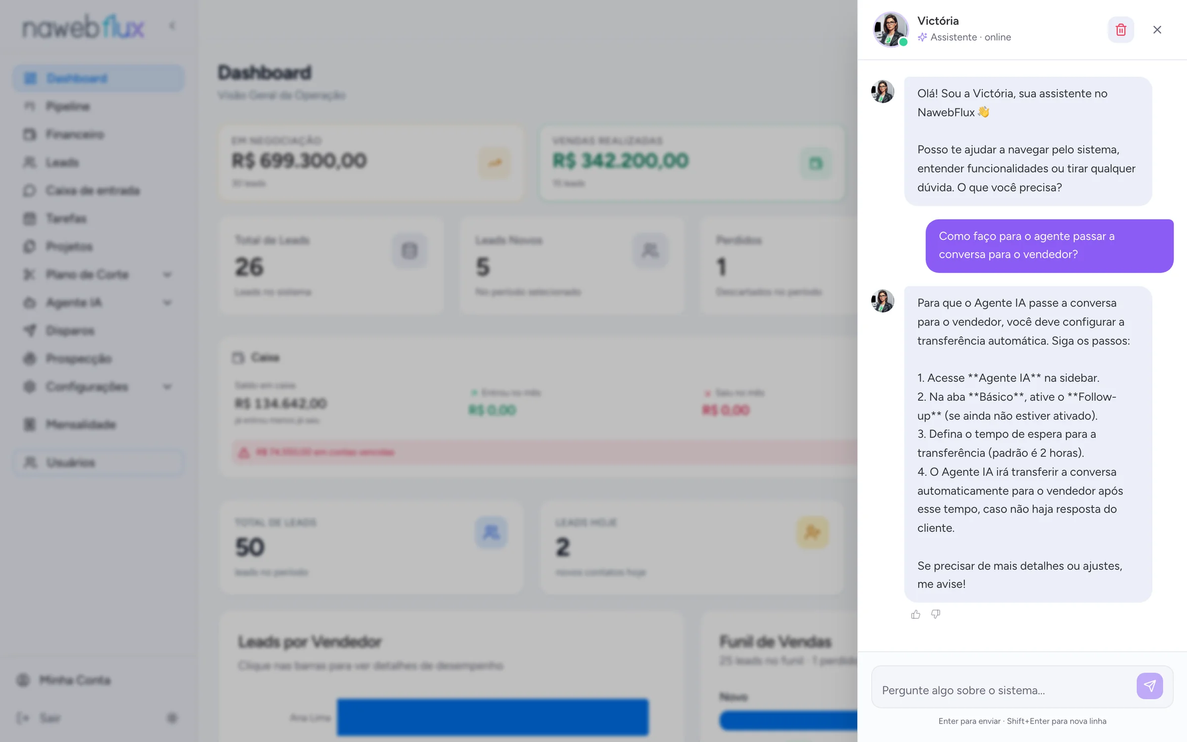 Assistente Victória respondendo uma dúvida dentro do NawebFlux